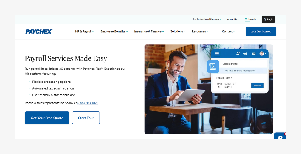 Paychex payroll services homepage highlighting HR platform features and free quote call to action