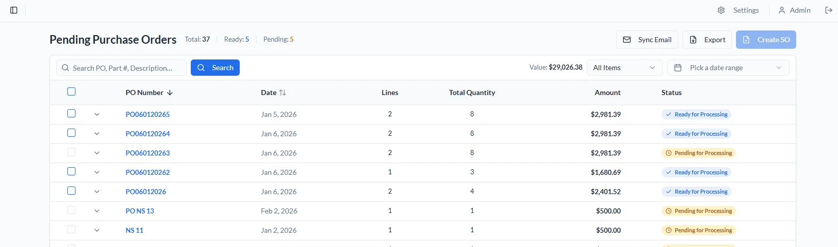 Pending purchase orders dashboard showing PO numbers, quantities, amounts, and processing status in an internal order management system