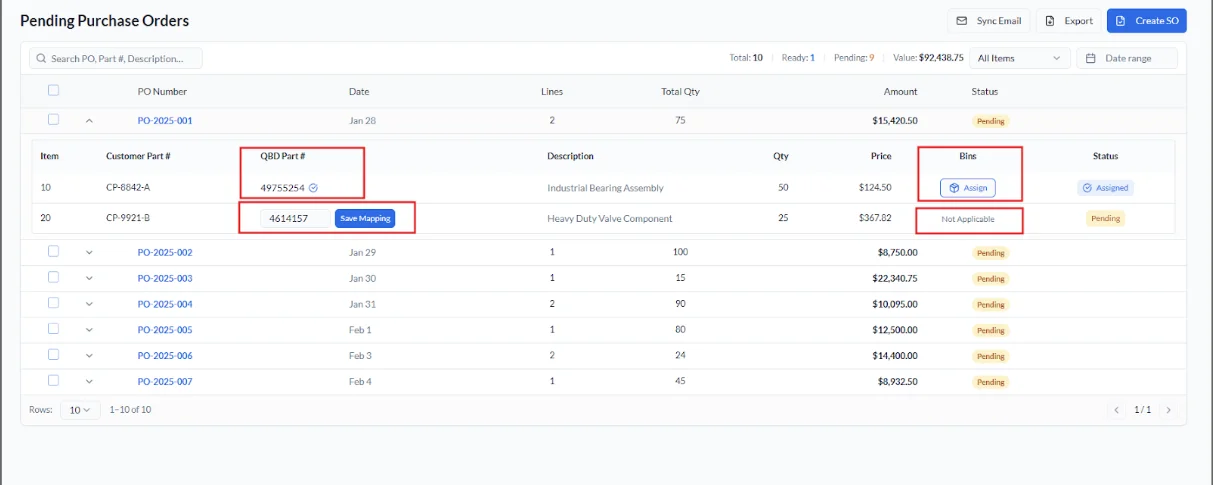Pending purchase orders screen showing QBD part mapping, bin assignment, item quantities, prices, and order status