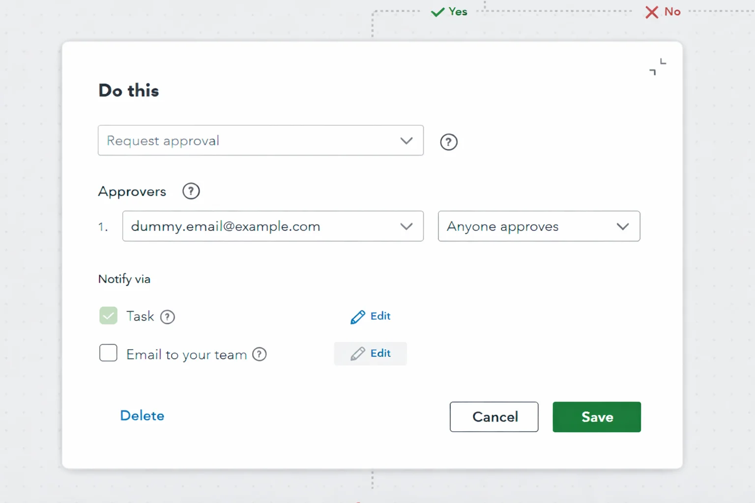 QuickBooks bill approval workflow setup with approver email and request approval action