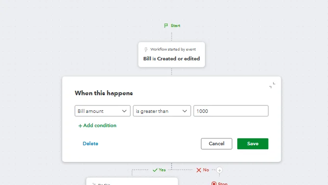 QuickBooks bill workflow condition setup with bill amount greater than 1000 rule