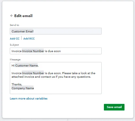 Edit automated invoice reminder email template in QuickBooks Online workflow settings