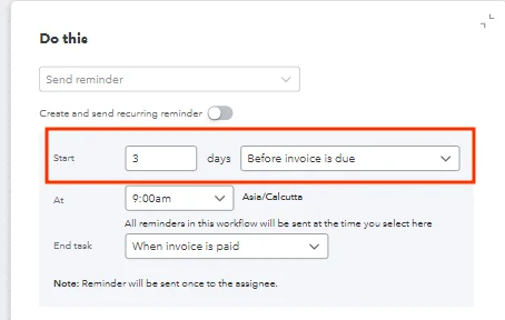 QuickBooks Online invoice reminder schedule setup with due date timing and timezone selection