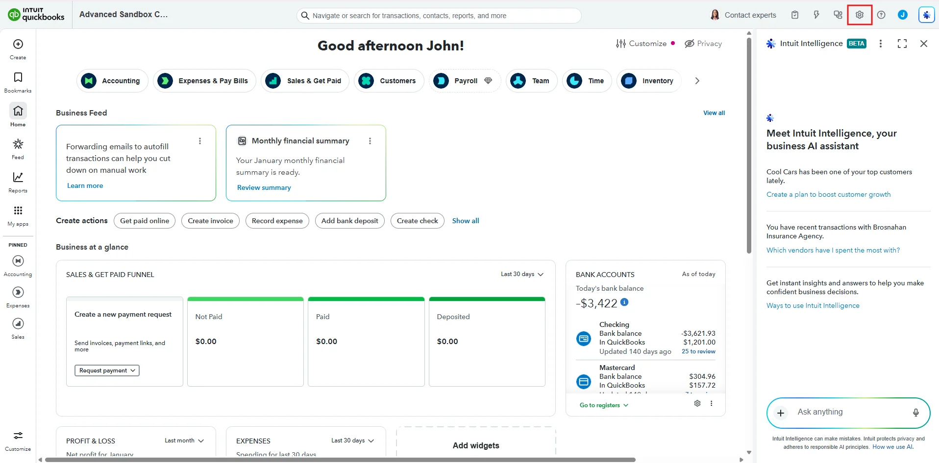 QuickBooks Online dashboard showing financial summary, bank balances and business performance overview