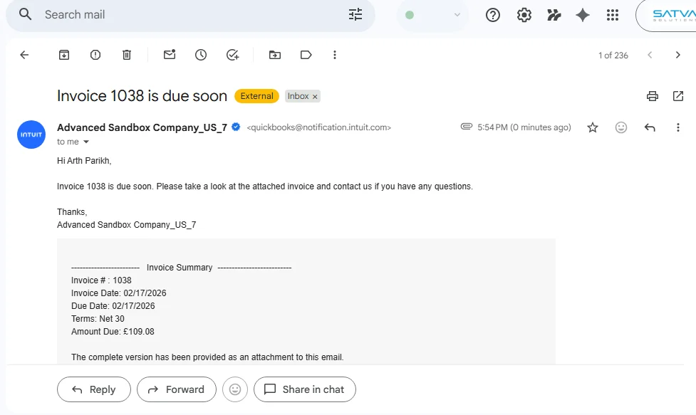 QuickBooks Online invoice reminder email notification showing invoice due soon message in Gmail inbox