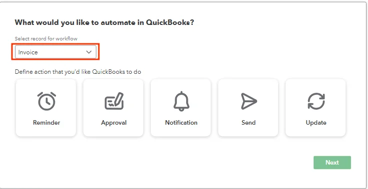 QuickBooks Online workflow automation screen showing Invoice selected with Reminder, Approval, Notification options