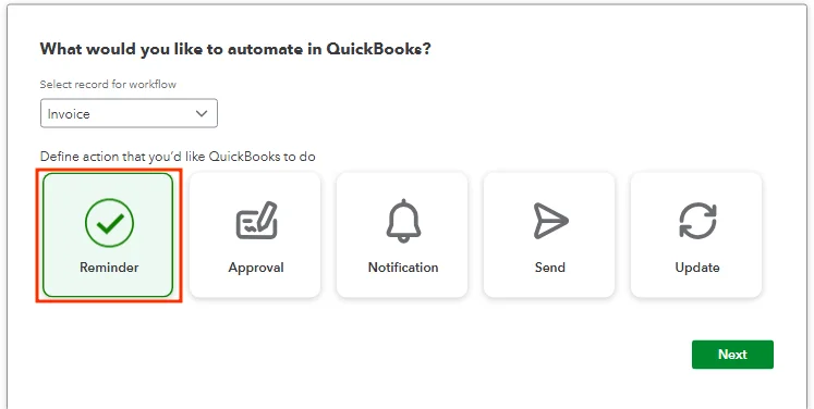 QuickBooks Online workflow automation setup showing Invoice reminder action selection screen