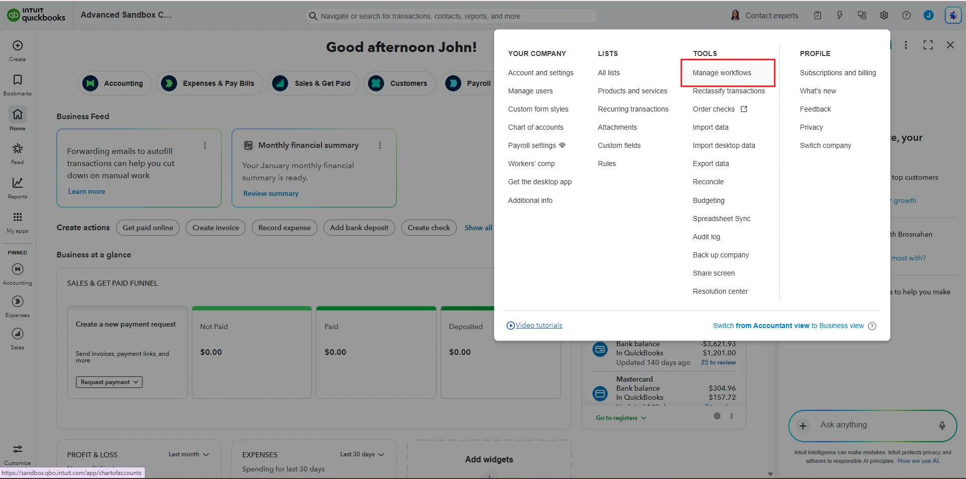QuickBooks Online settings menu showing Manage Workflows option under Tools section