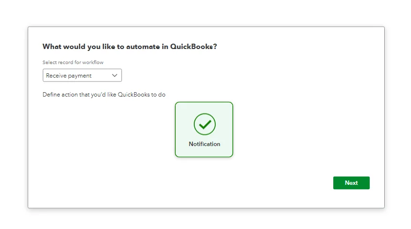 QuickBooks Online workflow automation setup for receive payment with notification action selected