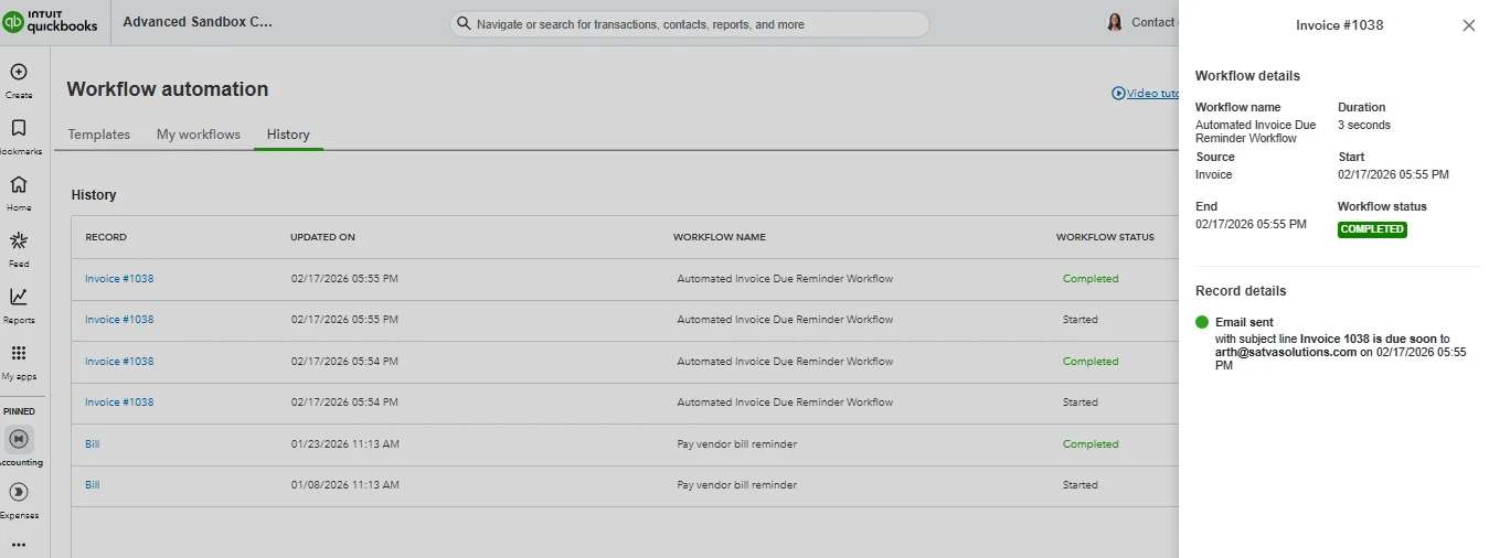 QuickBooks Online workflow automation history showing completed invoice due reminder workflow details