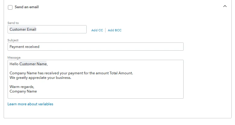 QuickBooks payment received email template with customer email, subject line and automated message configuration