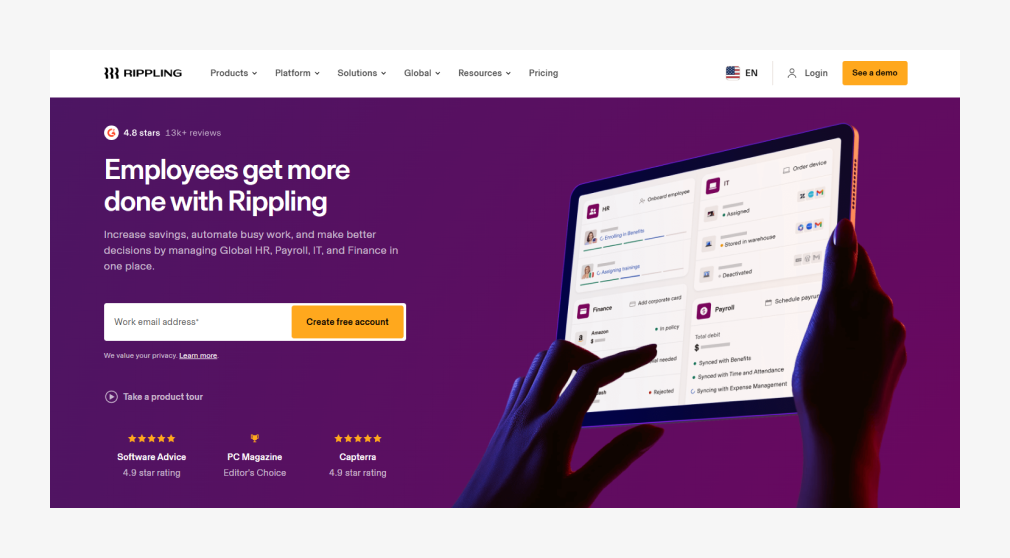 Rippling HR and payroll software homepage with free account signup and product dashboard preview