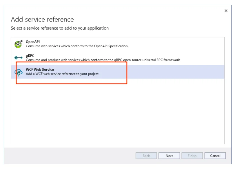 Select WCF Web Service option in Visual Studio to add SOAP service reference in ASP.NET Core