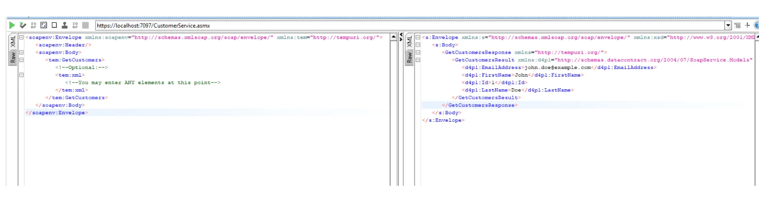 SOAP GetCustomers request and response XML shown in SoapUI for ASP.NET ASMX web service