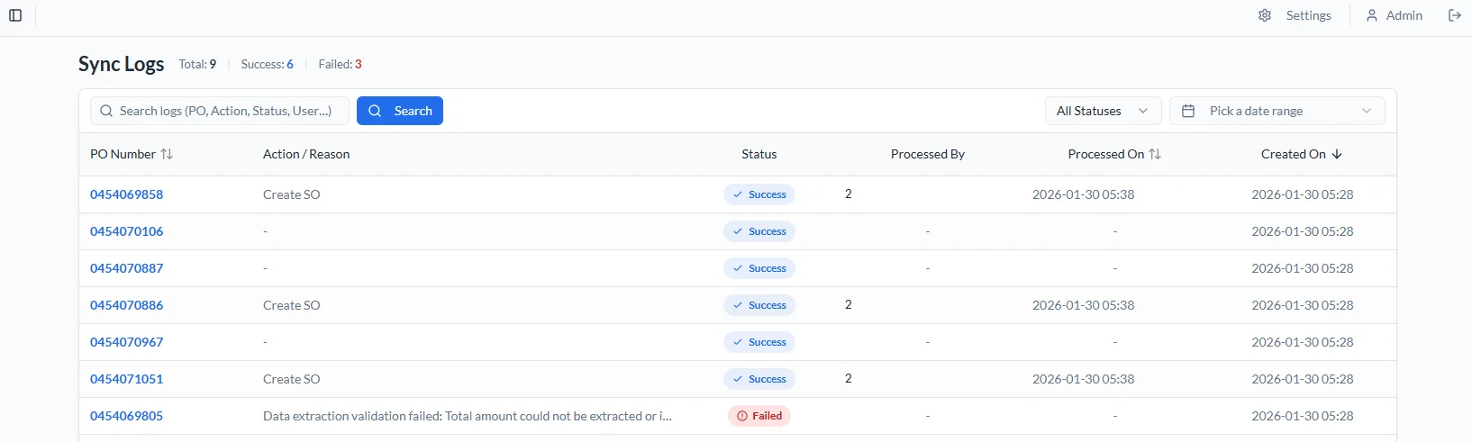 Sync logs dashboard showing purchase order numbers, create sales order actions, success and failed statuses with timestamps