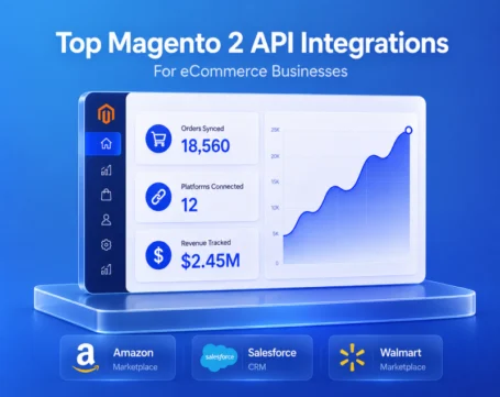 Magento 2 API integrations dashboard connecting Amazon, Salesforce, Walmart, and ecommerce platforms with real-time orders and revenue.