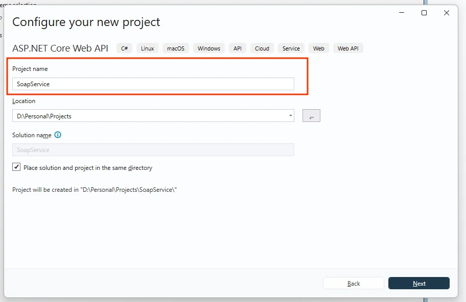 Visual Studio 2026 configure new ASP.NET Core Web API project screen with project name field highlighted