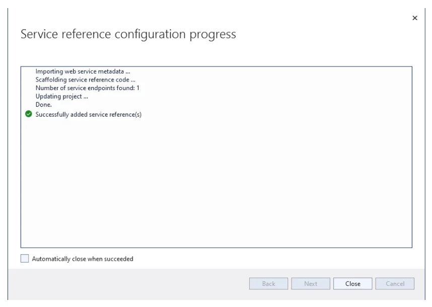 WCF SOAP service reference successfully added in Visual Studio showing configuration progress complete