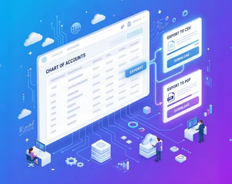 Xero chart of accounts export dashboard showing CSV and PDF download options for accounting data management and reporting