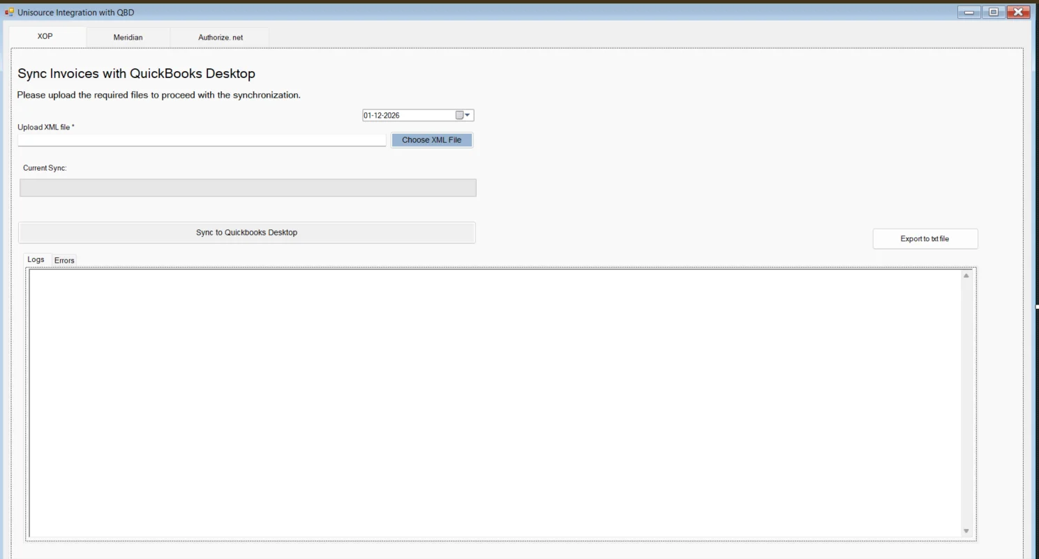 Invoice synchronization screen showing XML file upload and sync process with QuickBooks Desktop