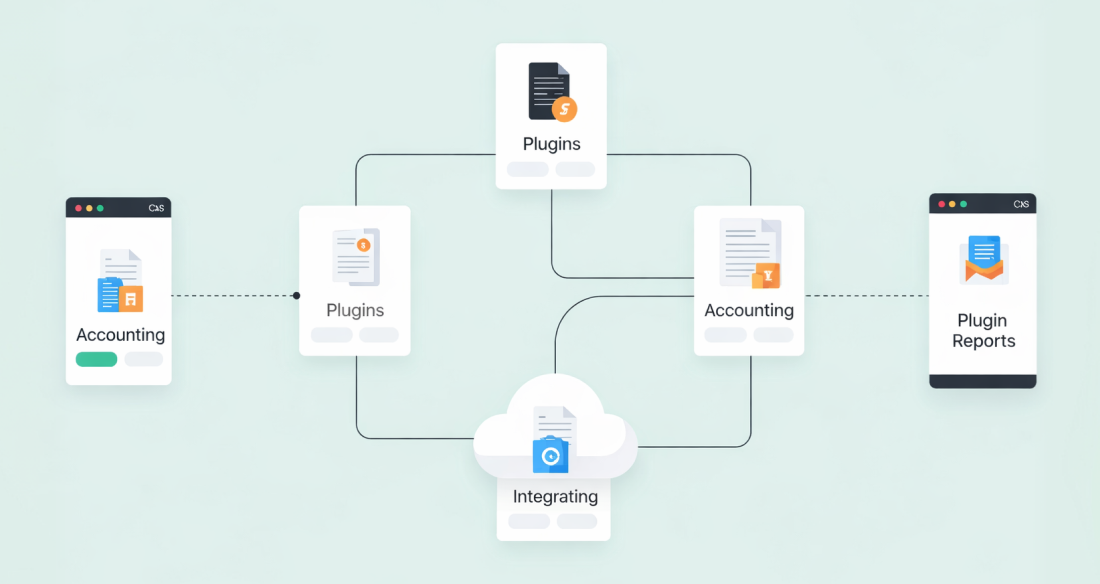 Accounting software plugins integration workflow showing plugins, accounting modules, cloud integration and reporting system