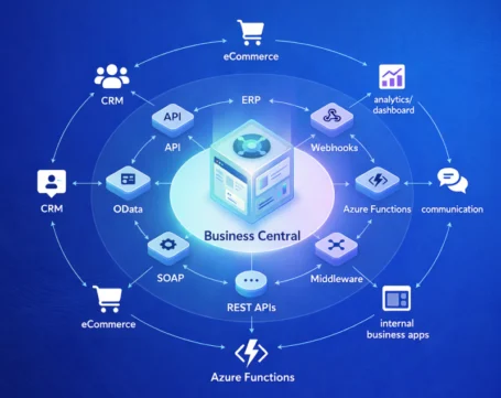 Business Central ERP integration with CRM, eCommerce, APIs, analytics, and middleware for connected business operations