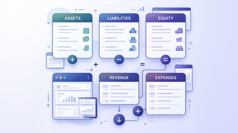 Accounting chart of accounts showing assets, liabilities, equity, revenue and expenses structure in financial reporting system