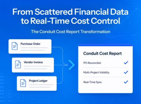Enterprise SaaS cost control dashboard consolidating purchase orders, vendor invoices, and project ledger data in real time