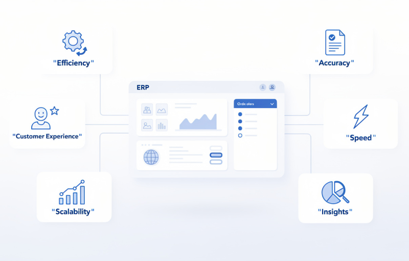 ERP integration benefits illustration showing efficiency, accuracy, speed, scalability, insights and improved customer experience