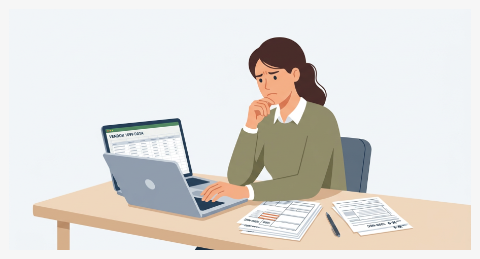 Accountant struggling with manual 1099 processing on laptop with paperwork showing inefficient and time-consuming workflow challenges