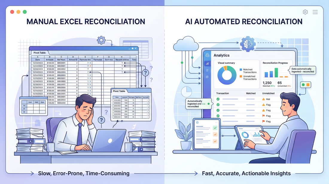 Manual Excel reconciliation vs AI automated financial reconciliation process comparison