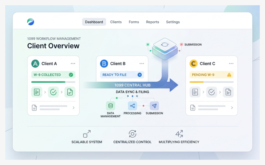 1099 workflow automation dashboard showing multi-client management, data sync, processing, and filing with centralized control system