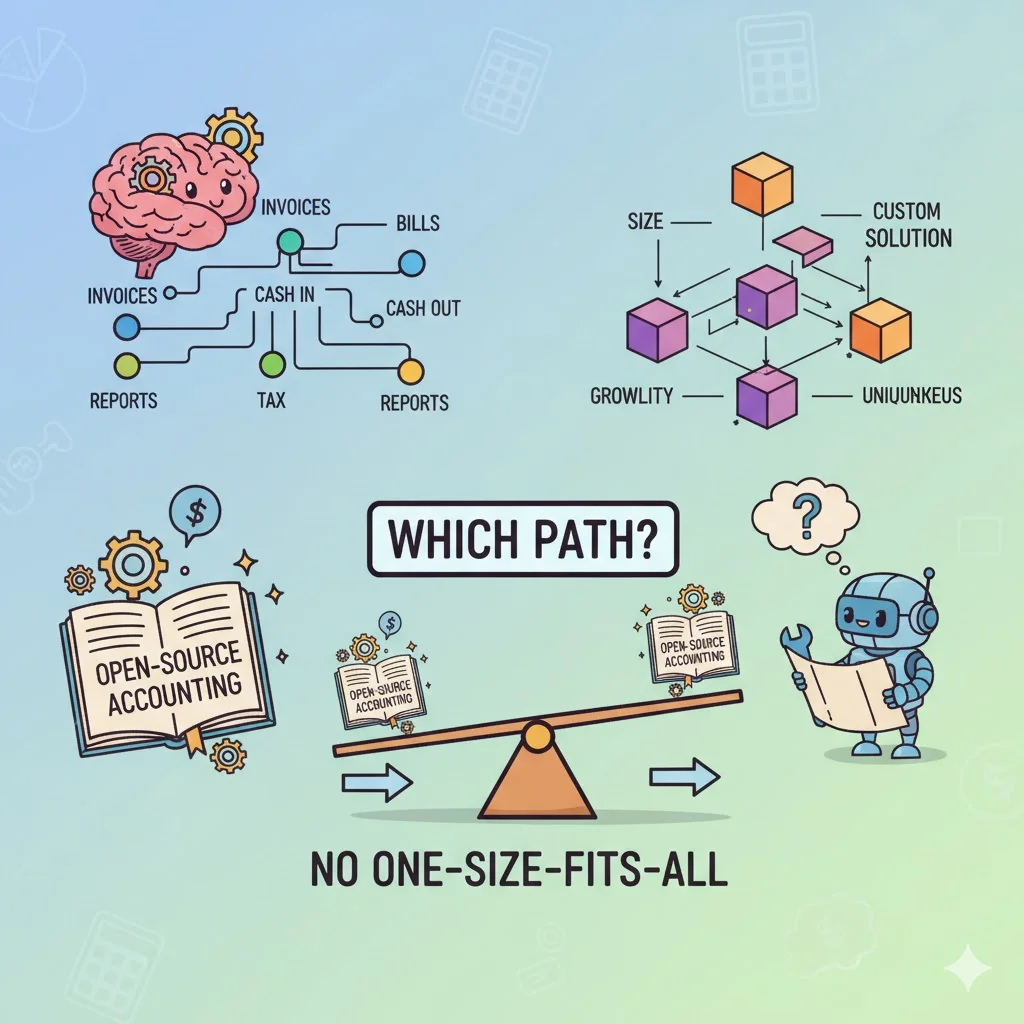 Illustration showing open source accounting vs custom solution decision with financial workflow, reports, invoices and AI assistant