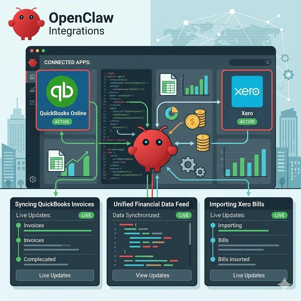 OpenClaw integrations syncing QuickBooks Online invoices and Xero bills with unified financial data feed and live updates