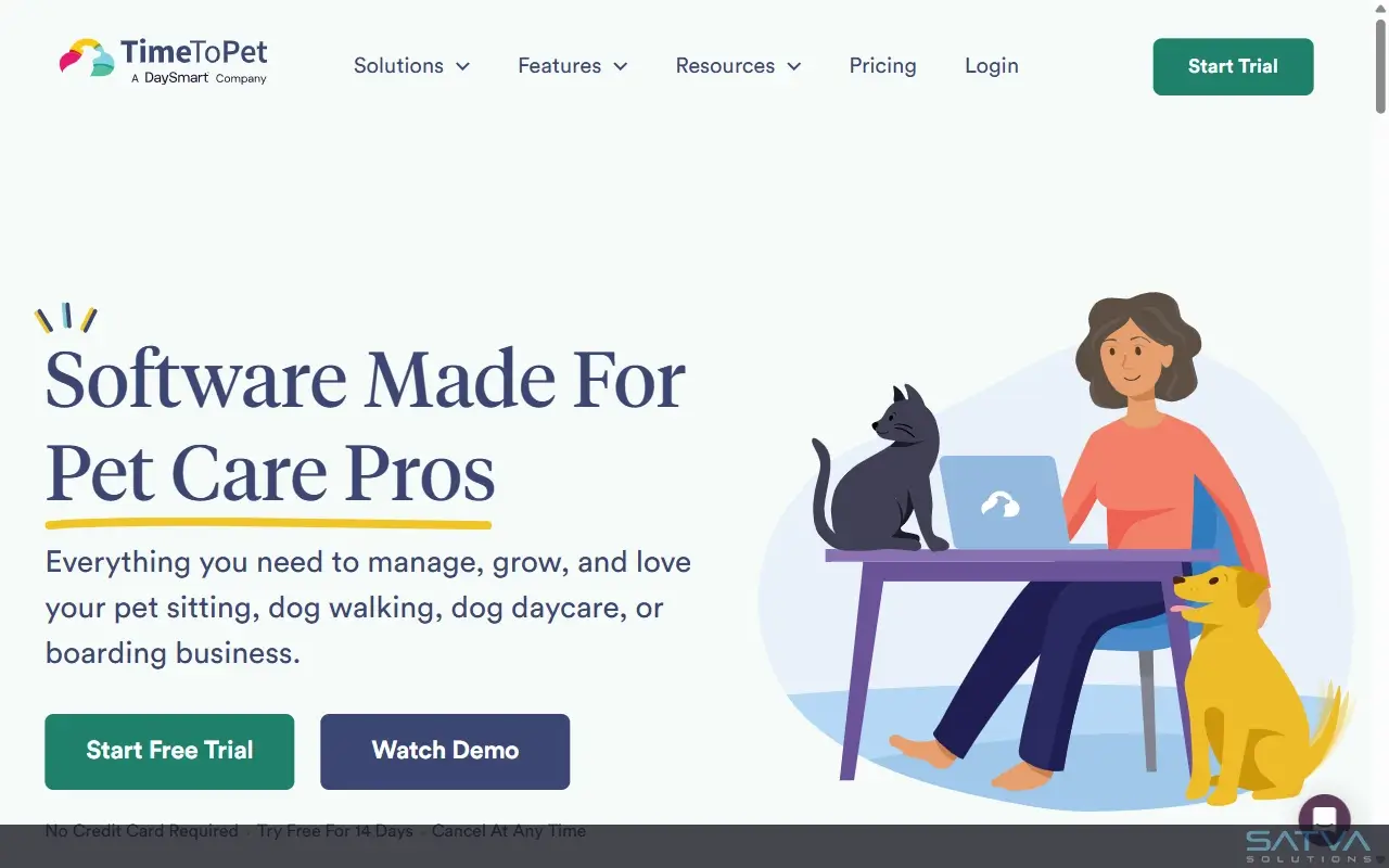 Pet care software for managing pet sitting, dog walking and daycare business with dashboard interface and user illustration