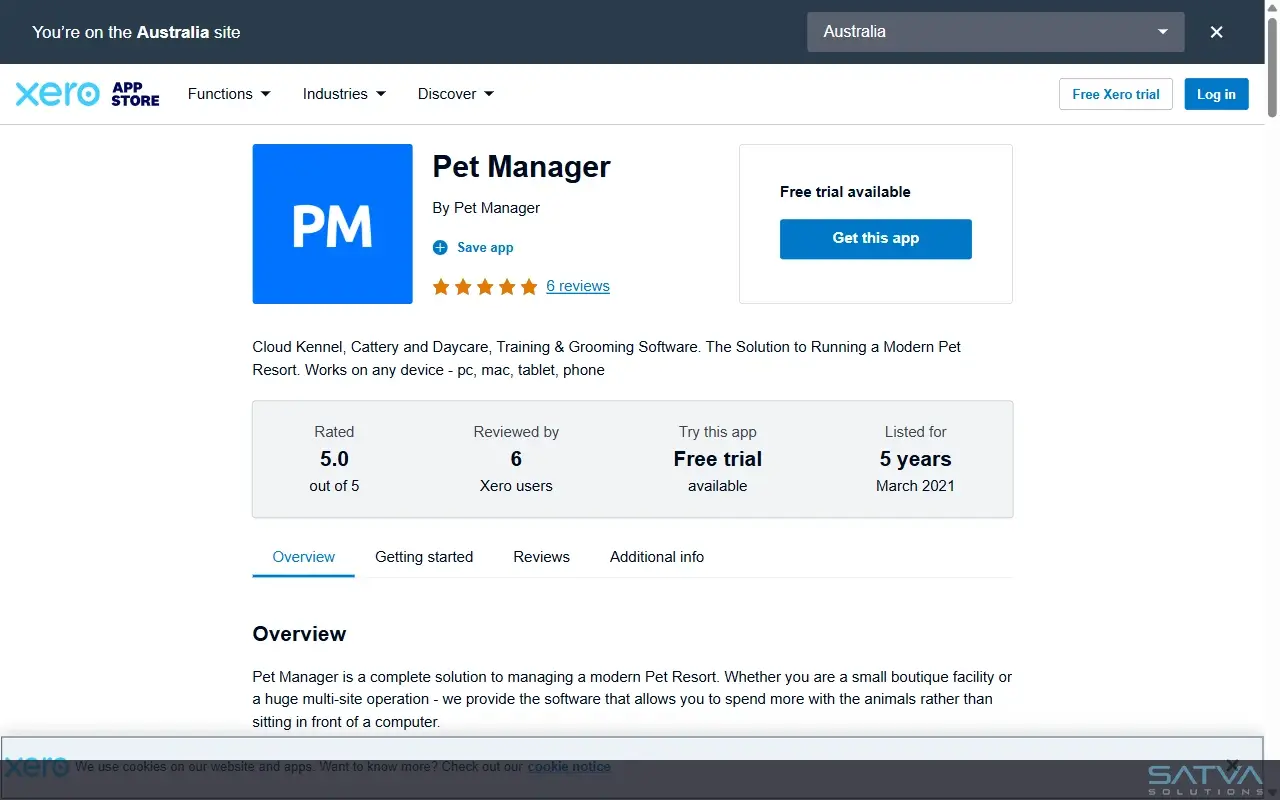Pet Manager app listing on Xero App Store showing ratings, reviews, and features for pet care business management software