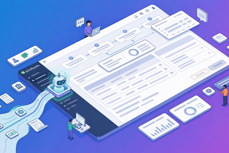 QuickBooks AI automation workflow dashboard showing data processing, task flow, analytics and financial operations management system