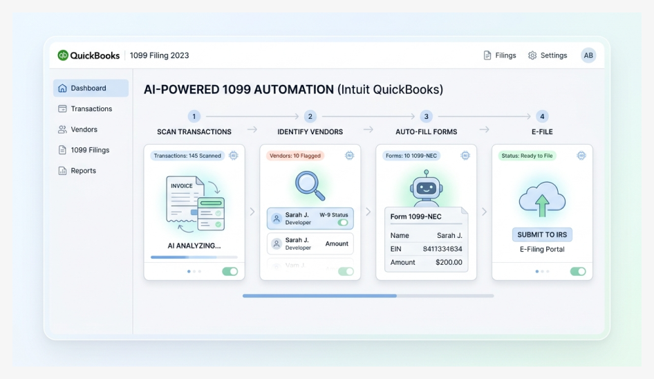 QuickBooks AI-powered 1099 automation workflow showing transaction scanning, vendor identification, auto-fill forms, and e-filing process