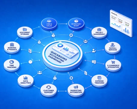 QuickBooks accounting dashboard connected with CRM, payroll, ecommerce, analytics, and business workflows