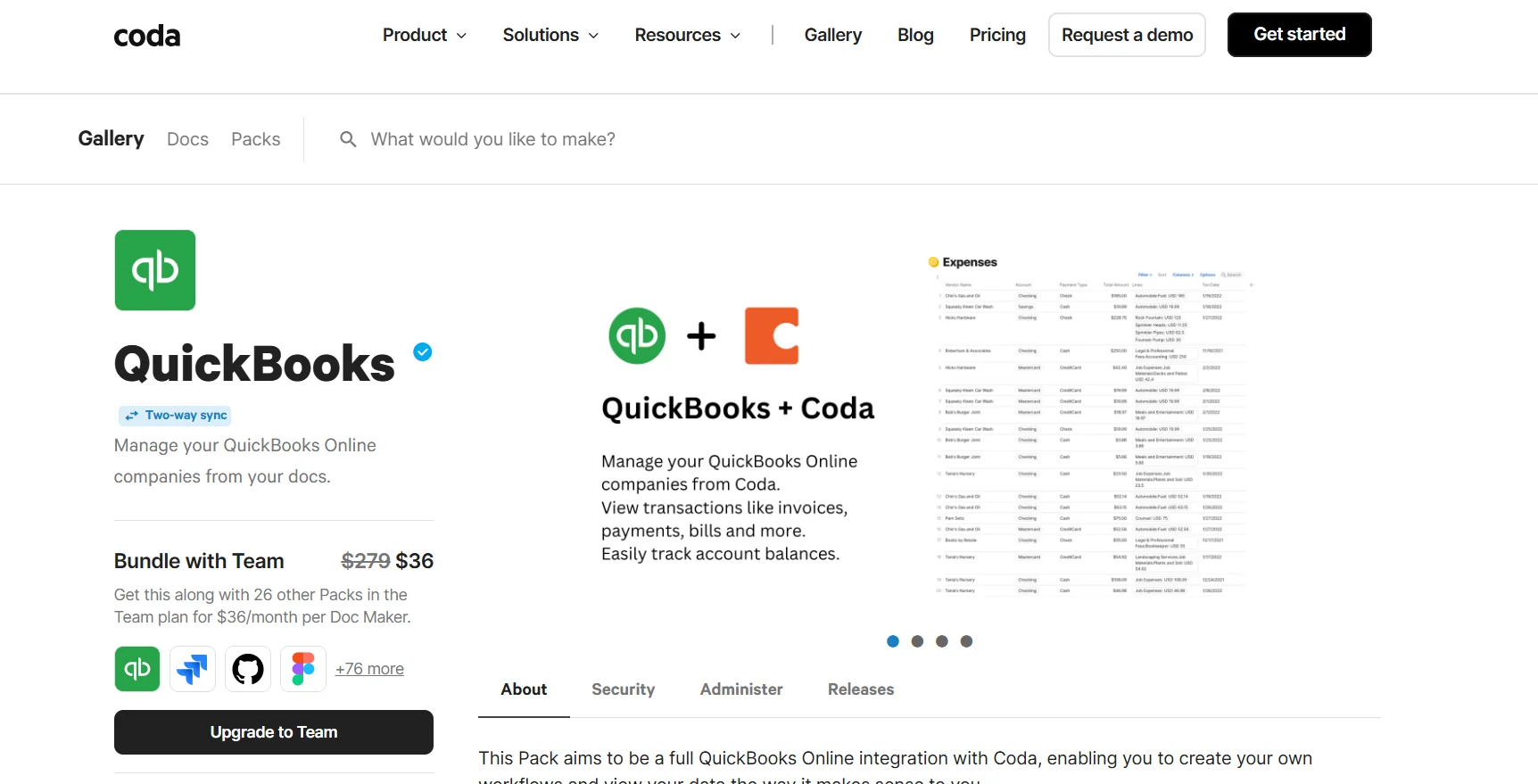 QuickBooks and Coda integration interface showing two way sync for managing invoices, expenses and financial data