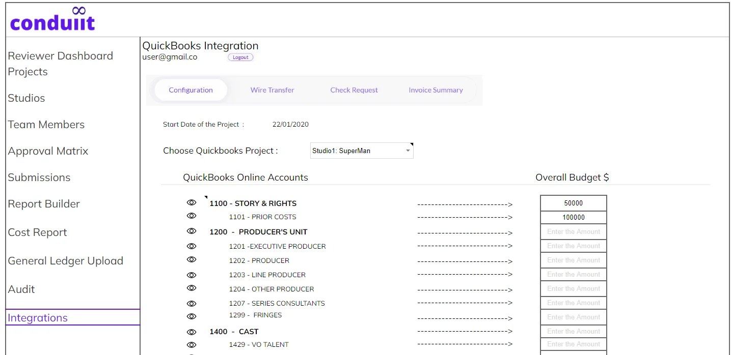 QuickBooks integration dashboard showing project account mapping, production budget allocation and financial configuration panel