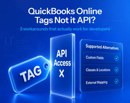 QuickBooks Online Tags API limitation illustration showing unsupported tag access and alternative developer solutions.