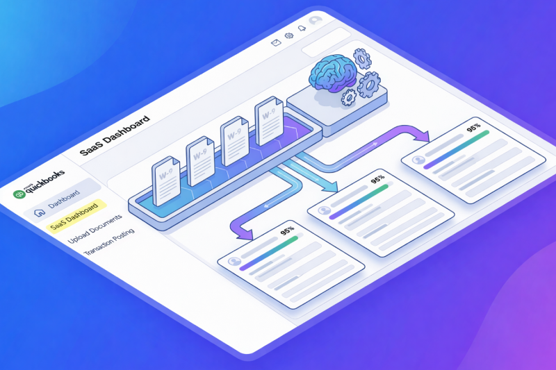 QuickBooks SaaS dashboard with AI processing W9 forms, automating document workflow, validation and financial data management system