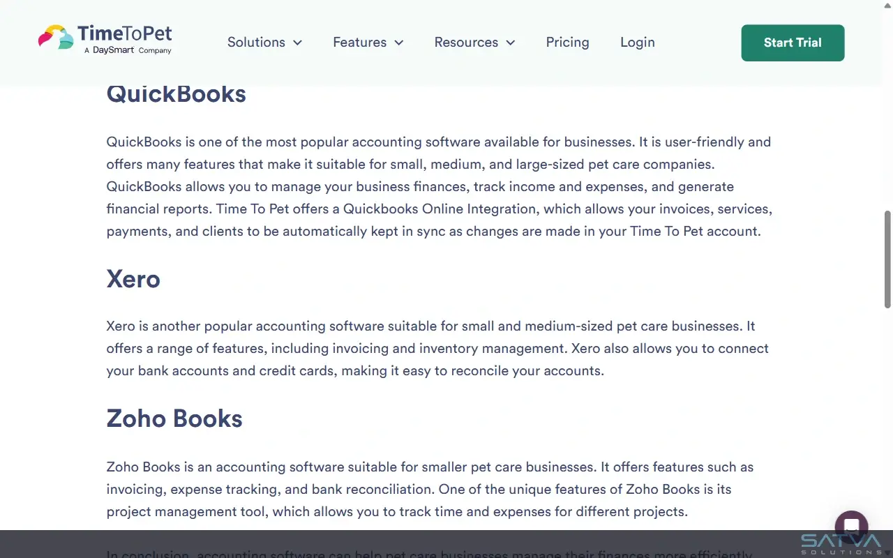 Time To Pet accounting integrations overview featuring QuickBooks, Xero, and Zoho Books for managing pet care business finances