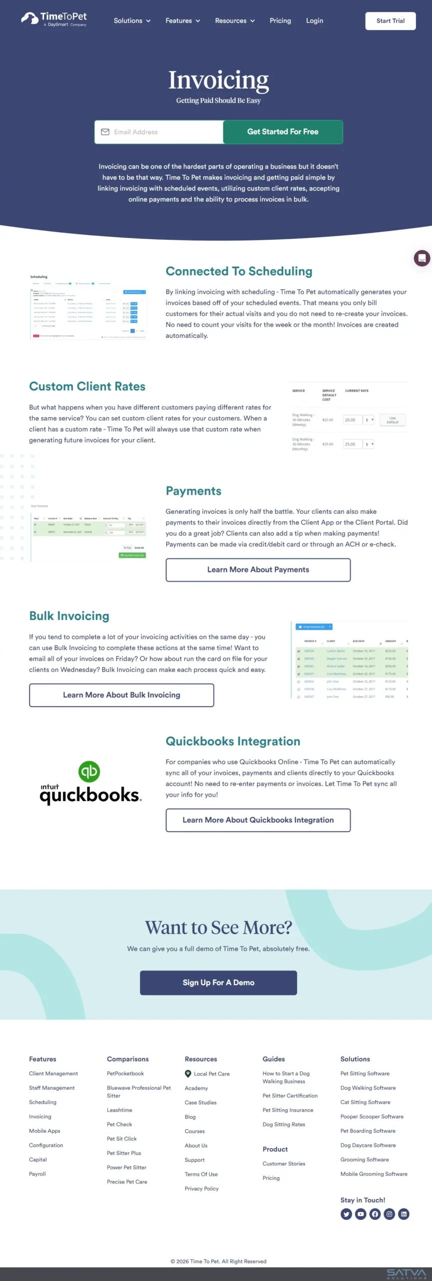Time To Pet invoicing page showing billing features, payments, bulk invoicing, and QuickBooks integration for pet care businesses