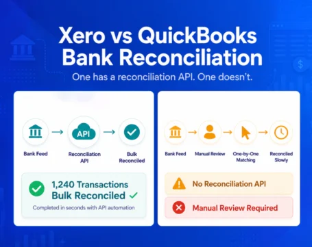 Comparison of Xero and QuickBooks bank reconciliation showing Xero's reconciliation API automation versus QuickBooks manual review workflow.