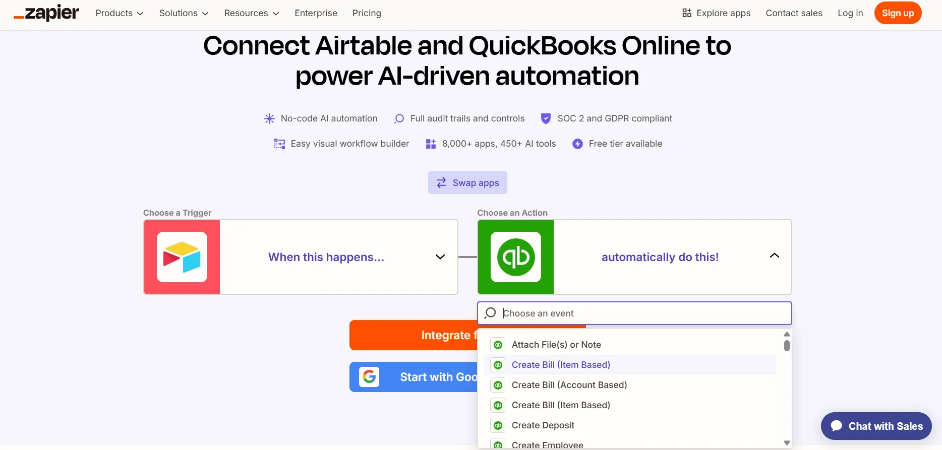 Zapier automation workflow connecting Airtable with QuickBooks Online for AI driven integration and automated accounting tasks