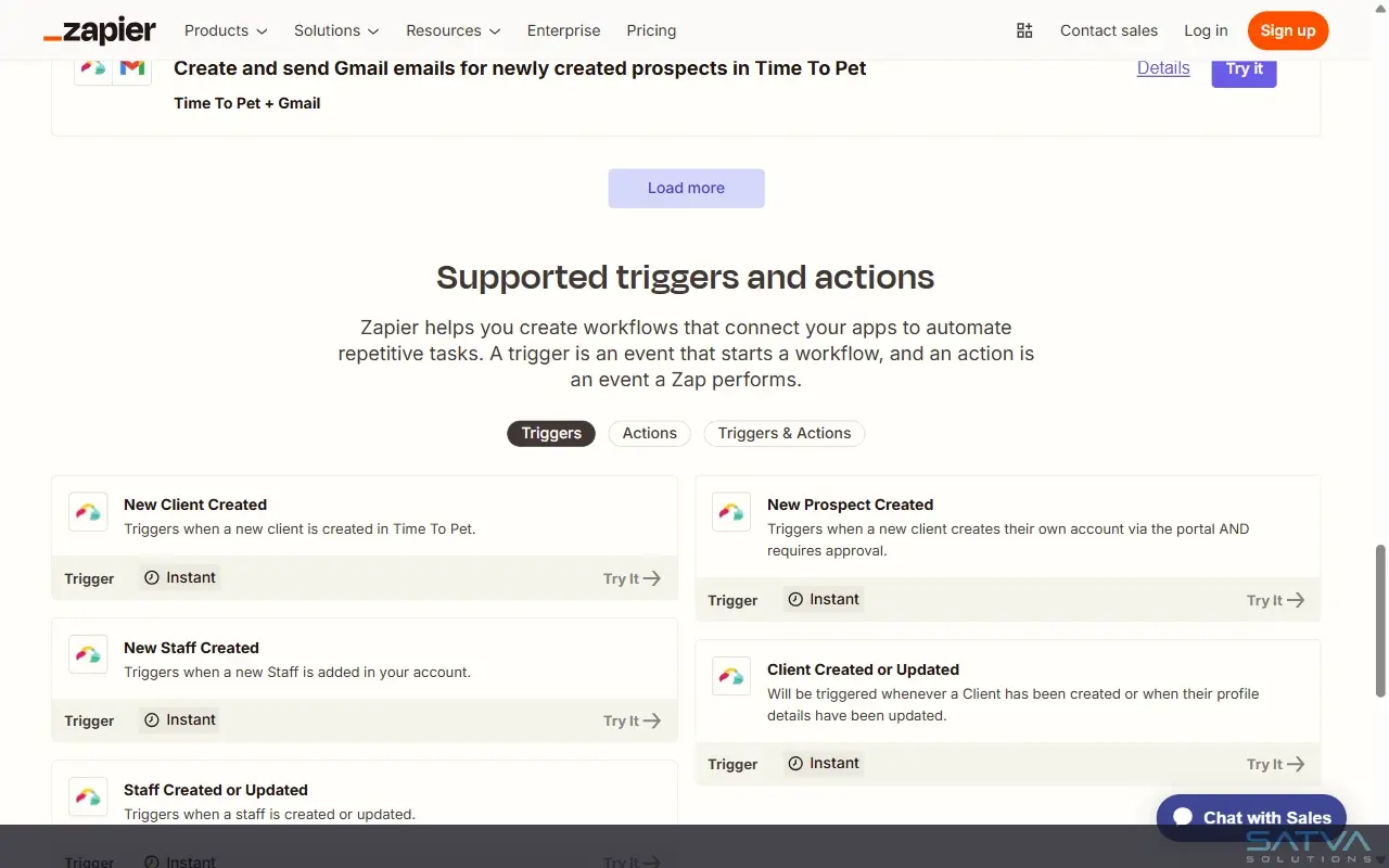 Zapier supported triggers and actions for Time To Pet integration including new client, staff, and prospect automation events