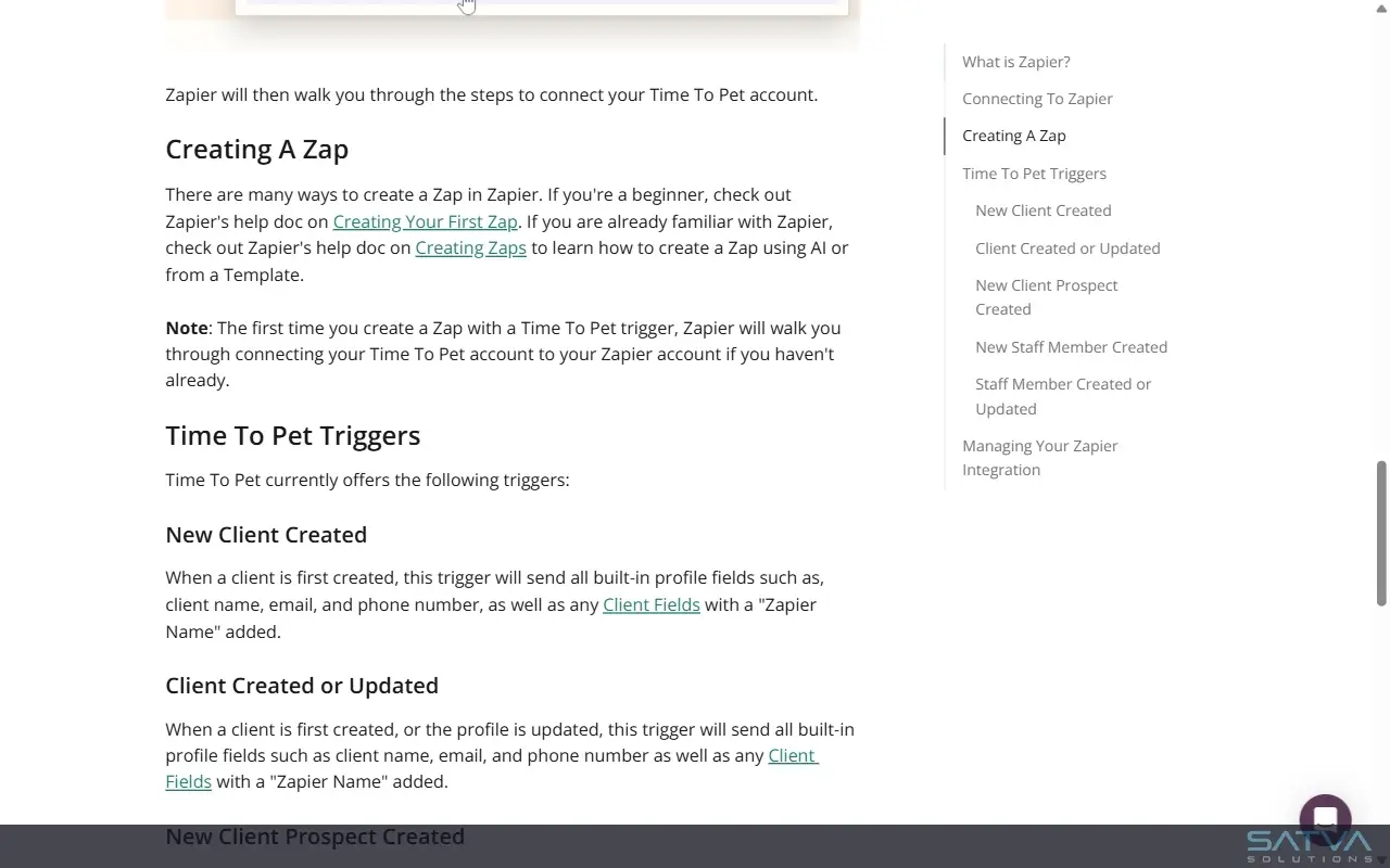 Zapier integration guide showing Time To Pet triggers like new client creation and profile updates for automation setup