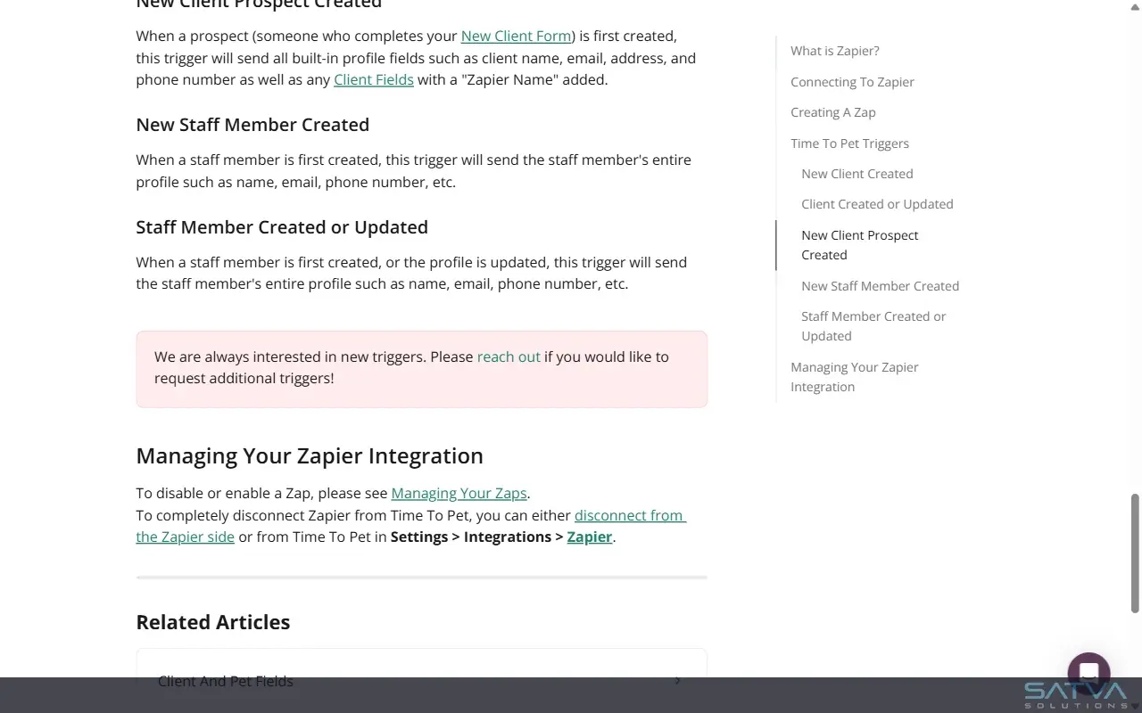 Zapier Time To Pet integration guide showing staff and prospect triggers with instructions for managing and disconnecting zaps
